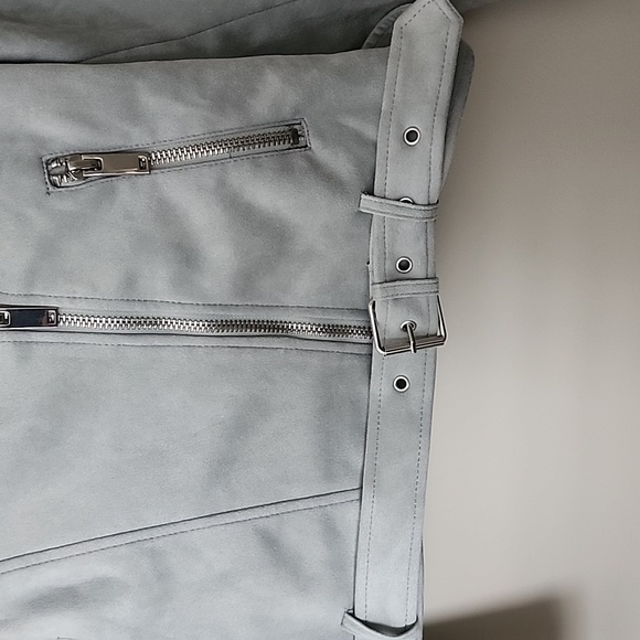 Primark Jacket Womens 12 Light Gray Faux Suede Moto Belted - Picture 2 of 7